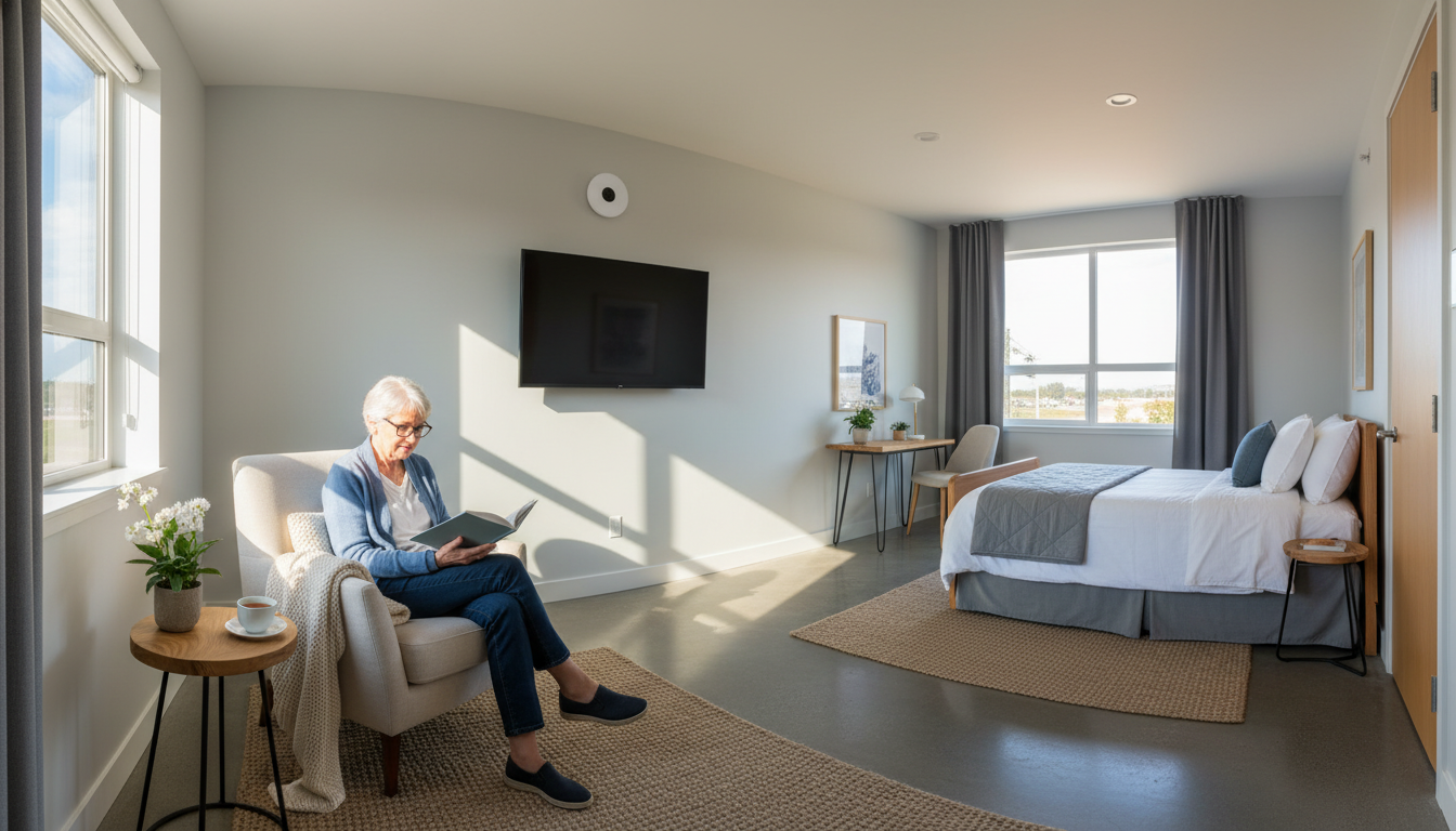 Modern senior living room with a wall-mounted CareAssist radar sensor for safety